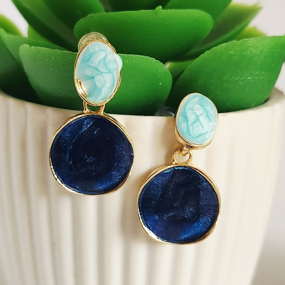 Navy Blue Turquoise Marbled‎ Enamel Gold Tone Two Tier Drop Dangle Earrings - Picture 2 of 4